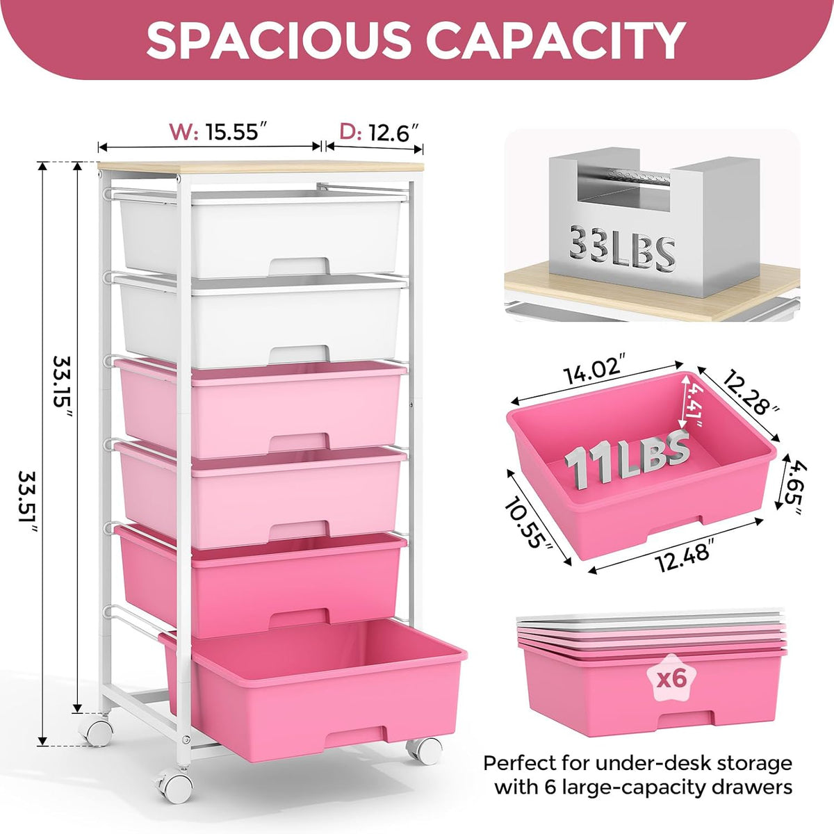 6 Drawer Rolling Storage Cart with Wooden Top and Wheels for Crafts, Pink