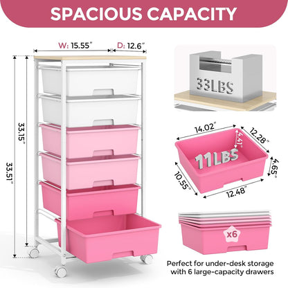 6 Drawer Rolling Storage Cart with Wooden Top and Wheels for Crafts, Pink