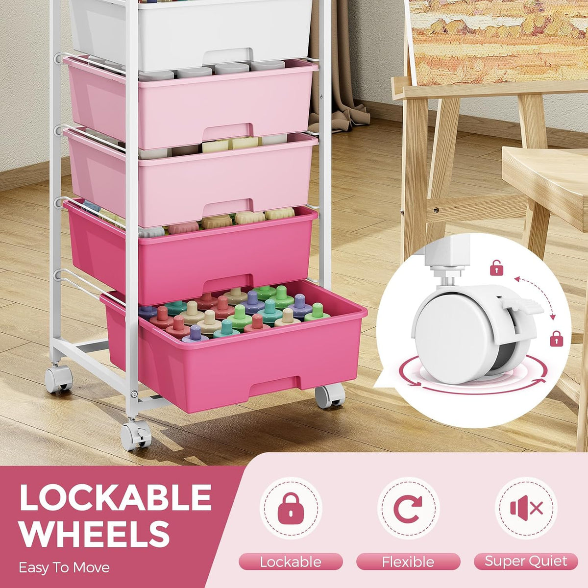 6 Drawer Rolling Storage Cart with Wooden Top and Wheels for Crafts, Pink