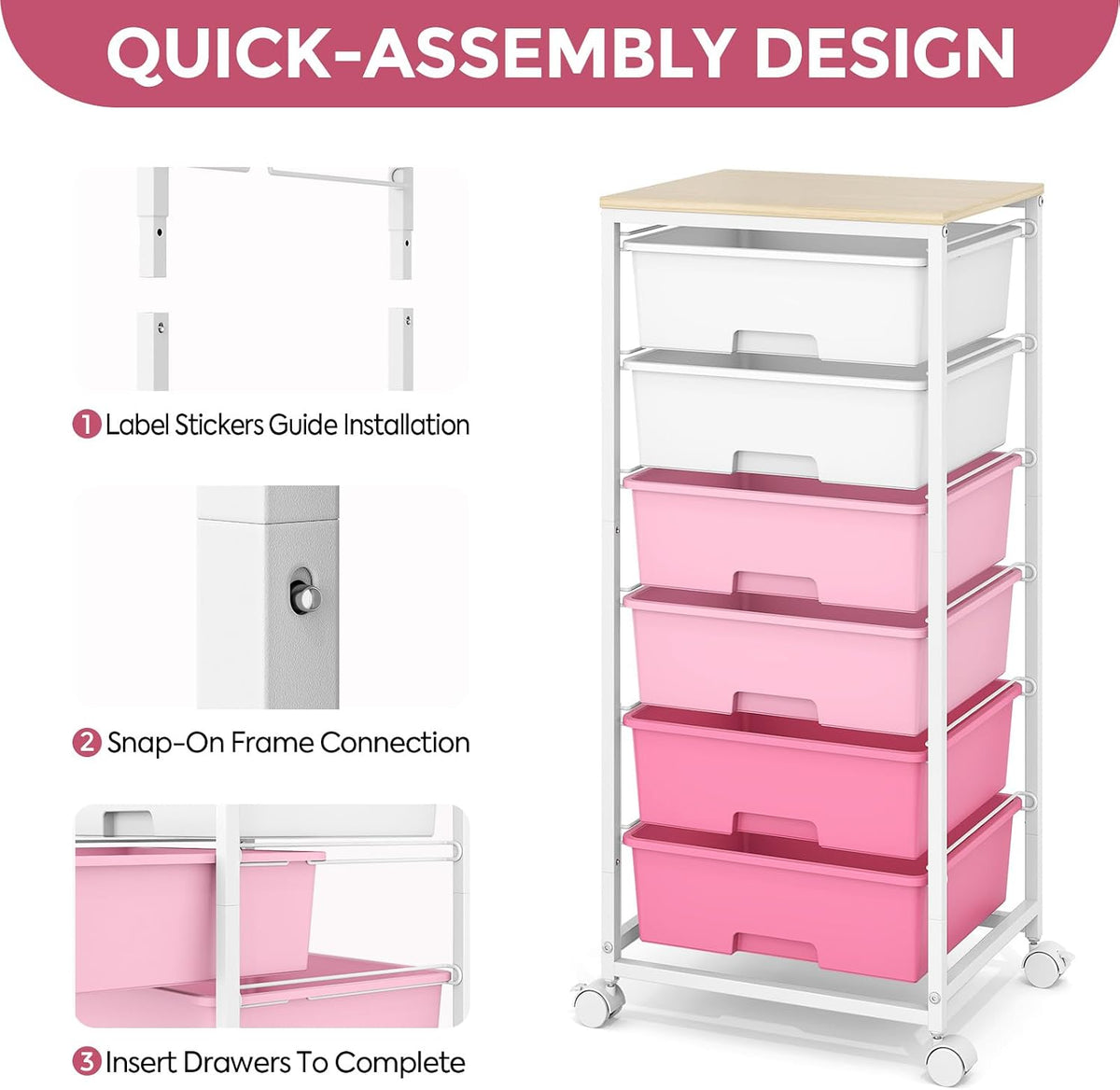 6 Drawer Rolling Storage Cart with Wooden Top and Wheels for Crafts, Pink