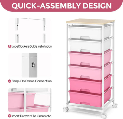 6 Drawer Rolling Storage Cart with Wooden Top and Wheels for Crafts, Pink