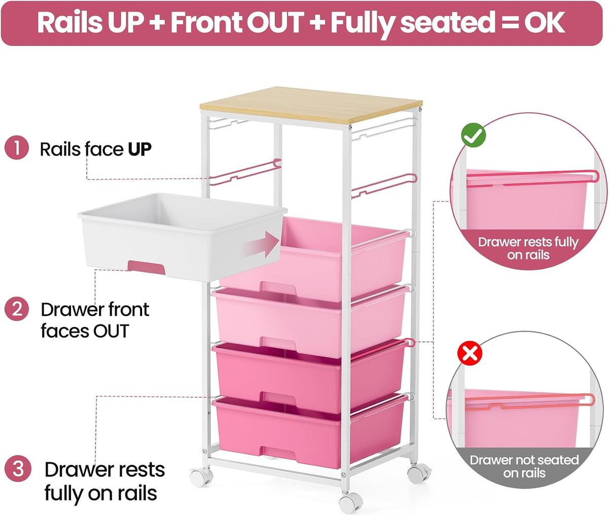 6 Drawer Rolling Storage Cart with Wooden Top and Wheels for Crafts, Pink