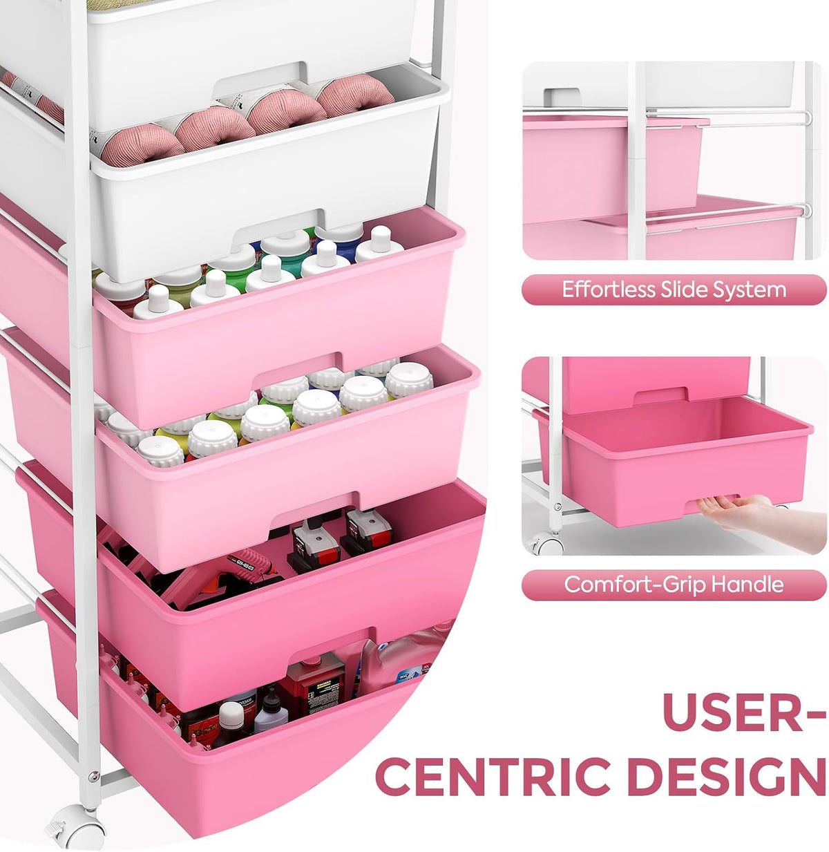 6 Drawer Rolling Storage Cart with Wooden Top and Wheels for Crafts, Pink