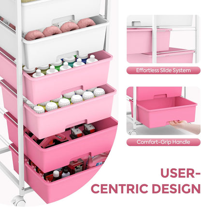 6 Drawer Rolling Storage Cart with Wooden Top and Wheels for Crafts, Pink