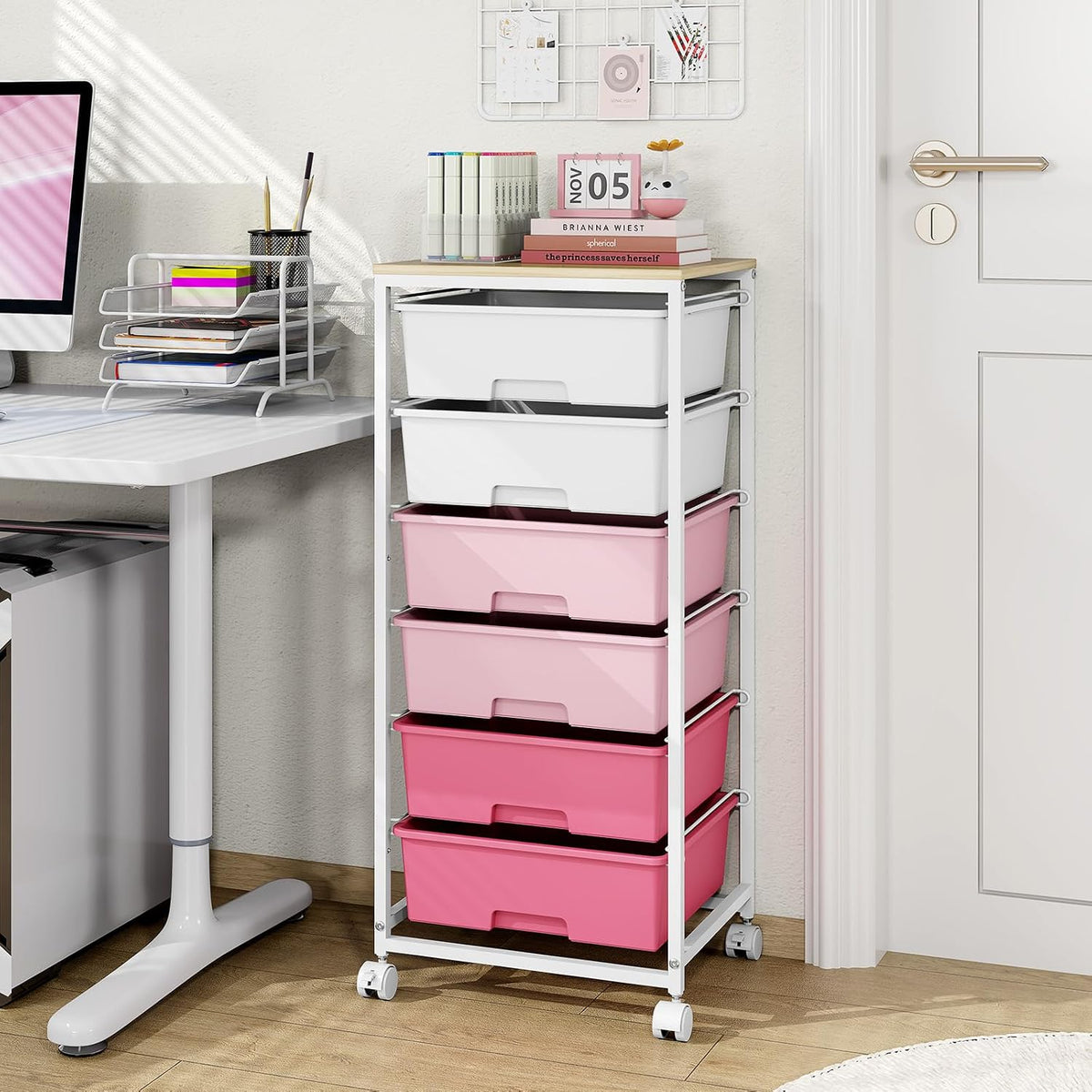 6 Drawer Rolling Storage Cart with Wooden Top and Wheels for Crafts, Pink