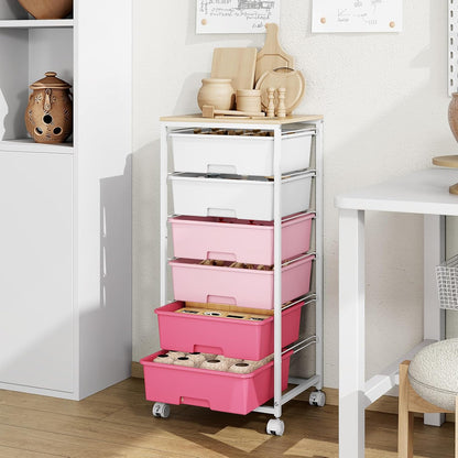 6 Drawer Rolling Storage Cart with Wooden Top and Wheels for Crafts, Pink