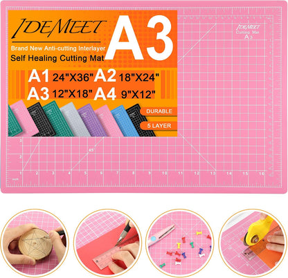 Density-upgraded 18"x12" Self Healing Cutting Mat, Rotary Sewing Mat for Crafts, 5-Ply Blade Table Protector Cut Board for Fabric Leather Cutting Quilting Modeling Hobby Project, A3, Pink