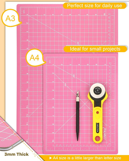 Density-upgraded 18"x12" Self Healing Cutting Mat, Rotary Sewing Mat for Crafts, 5-Ply Blade Table Protector Cut Board for Fabric Leather Cutting Quilting Modeling Hobby Project, A3, Pink
