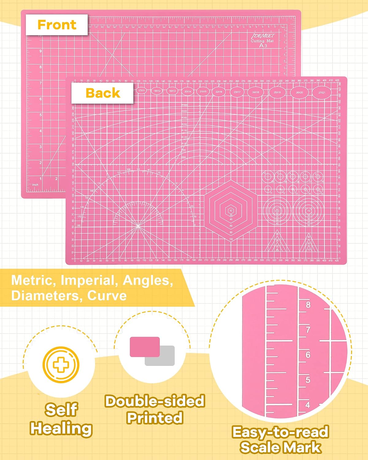 Density-upgraded 18"x12" Self Healing Cutting Mat, Rotary Sewing Mat for Crafts, 5-Ply Blade Table Protector Cut Board for Fabric Leather Cutting Quilting Modeling Hobby Project, A3, Pink