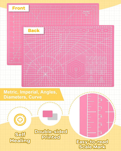 Density-upgraded 18"x12" Self Healing Cutting Mat, Rotary Sewing Mat for Crafts, 5-Ply Blade Table Protector Cut Board for Fabric Leather Cutting Quilting Modeling Hobby Project, A3, Pink