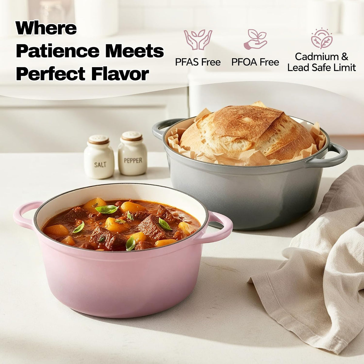6 Quart Dutch Oven Pot with Lid, Non Stick Enameled Cast Iron Dutch Oven for Bread Baking, Heavy-Duty, Oven Safe Ceramic Cookware Up to 500°F for Baking, Braising, Stews, Roasting, Pink
