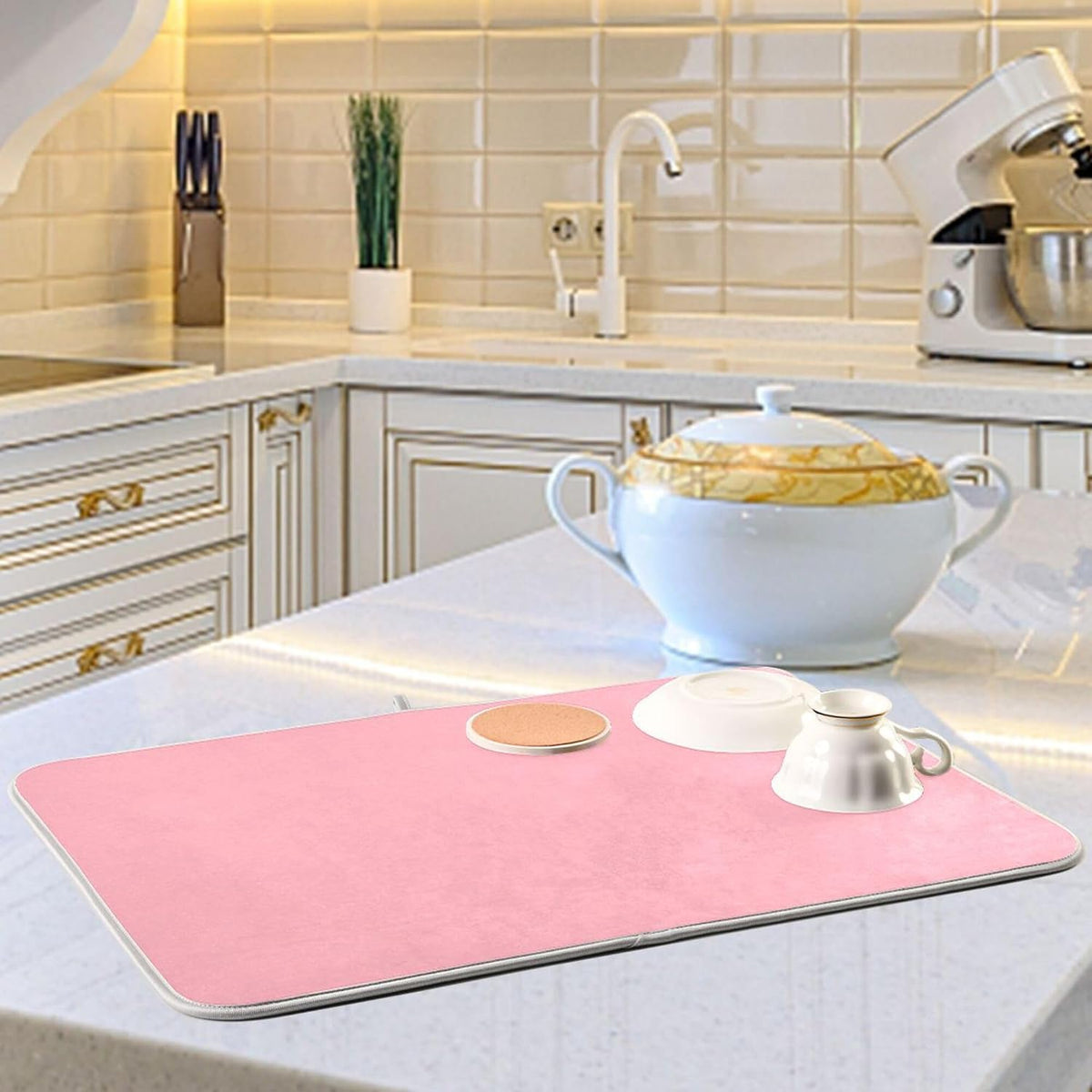 Light Pink Printed Dish Drying Mat for Kitchen Counter Absorbent Dishes Drainer Protector Pad Fast Dry Kitchen Accessories 18x24inch
