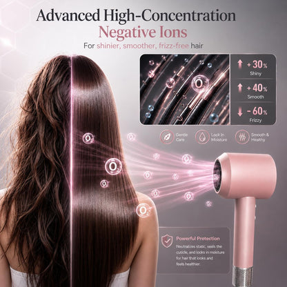High Speed Hair Dryer with Magnetic Nozzle, Smart Hot & Cold Cycle Ionic Blow Dryer, Low Noise Lightweight Travel Pink Hairdryer, 105K RPM Brushless Motor for Fast Drying