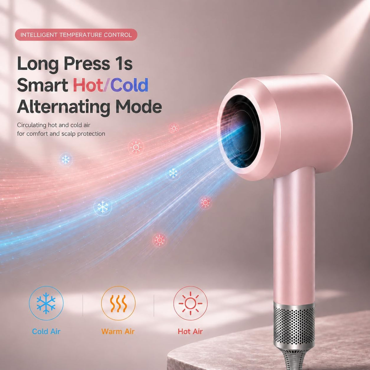 High Speed Hair Dryer with Magnetic Nozzle, Smart Hot & Cold Cycle Ionic Blow Dryer, Low Noise Lightweight Travel Pink Hairdryer, 105K RPM Brushless Motor for Fast Drying