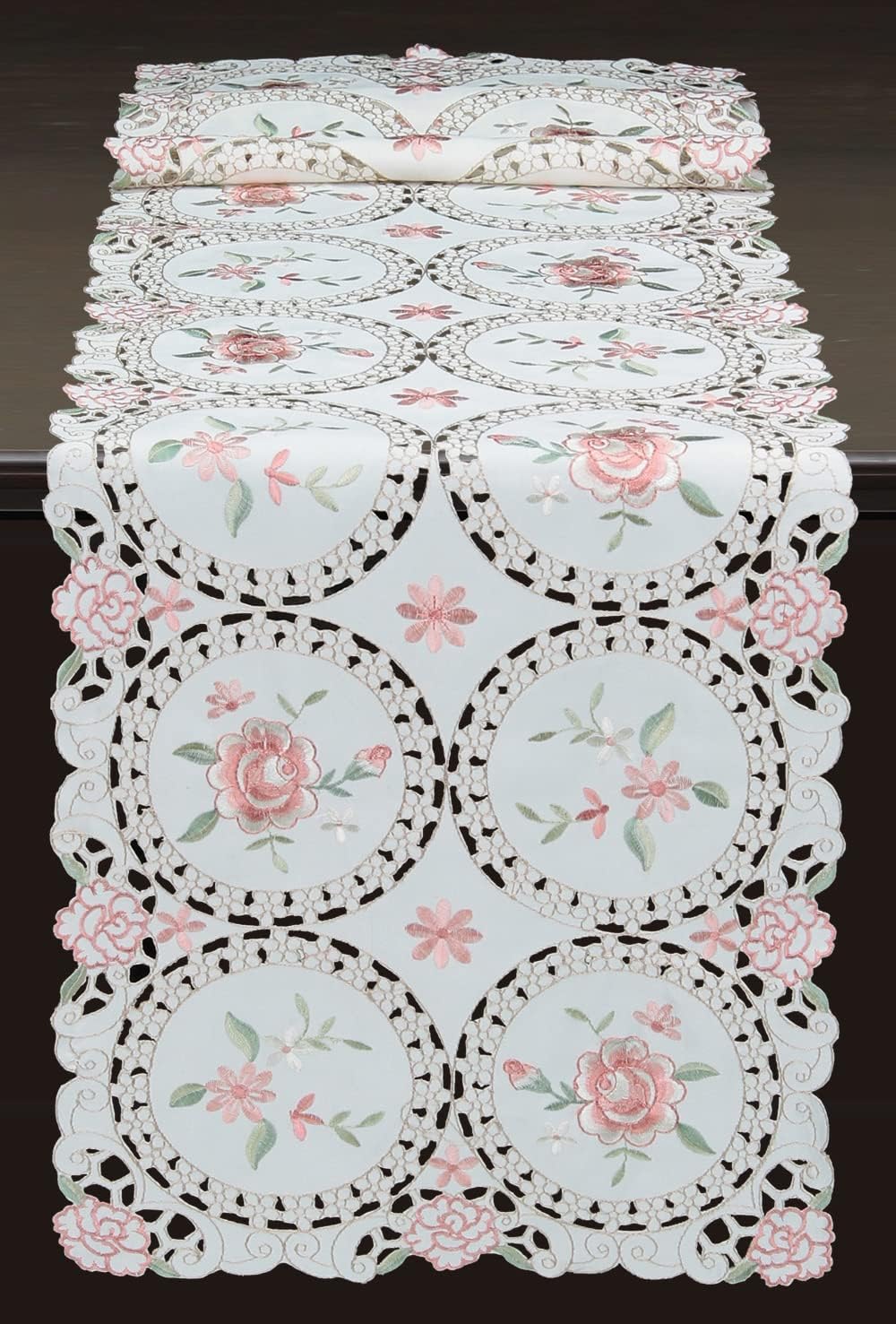 Embroidered Table Runner Floral Dresser Scarf 15x52 Ivory, Pink Rose Daisy