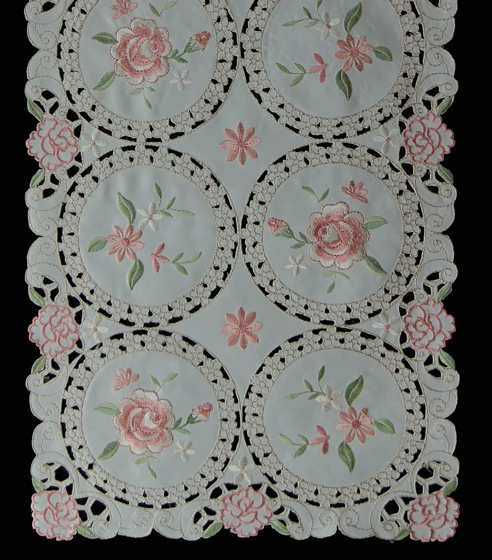 Embroidered Table Runner Floral Dresser Scarf 15x52 Ivory, Pink Rose Daisy