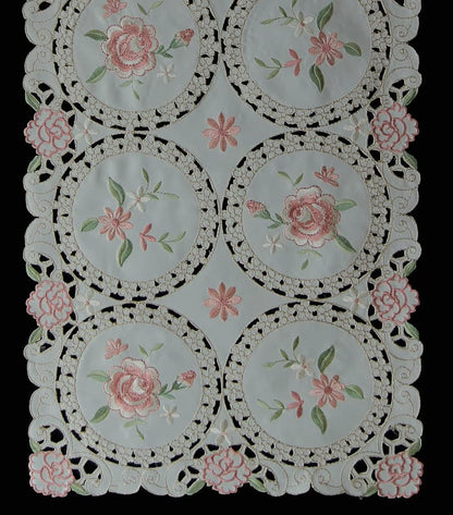 Embroidered Table Runner Floral Dresser Scarf 15x52 Ivory, Pink Rose Daisy