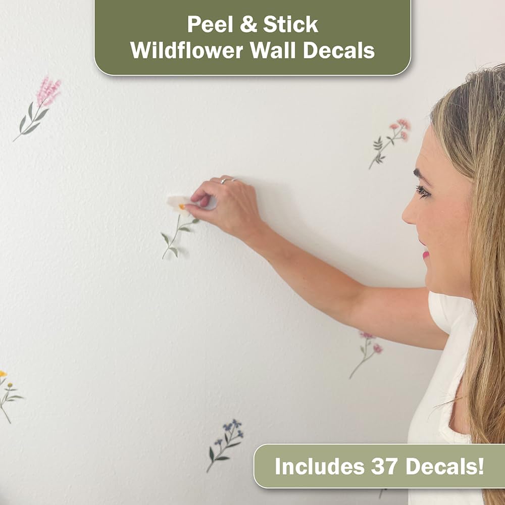 Pastel Wildflower Wall Decals - Set of 37 Peel & Stick Botanical Flower Stickers for Bedroom, Nursery & Living Room - Removable Yellow, Pink & Purple Floral Wall Decor