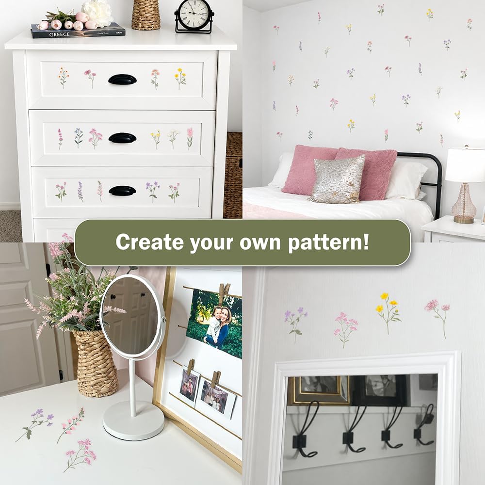 Pastel Wildflower Wall Decals - Set of 37 Peel & Stick Botanical Flower Stickers for Bedroom, Nursery & Living Room - Removable Yellow, Pink & Purple Floral Wall Decor