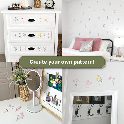Pastel Wildflower Wall Decals - Set of 37 Peel & Stick Botanical Flower Stickers for Bedroom, Nursery & Living Room - Removable Yellow, Pink & Purple Floral Wall Decor