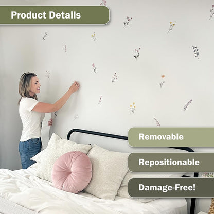 Pastel Wildflower Wall Decals - Set of 37 Peel & Stick Botanical Flower Stickers for Bedroom, Nursery & Living Room - Removable Yellow, Pink & Purple Floral Wall Decor