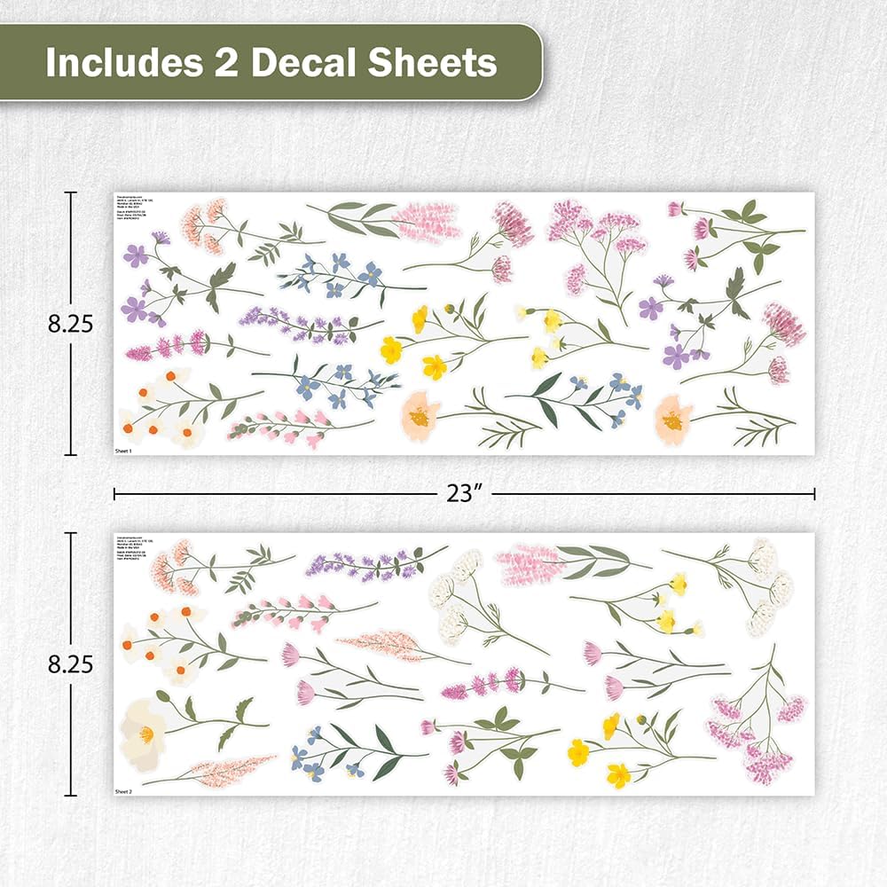 Pastel Wildflower Wall Decals - Set of 37 Peel & Stick Botanical Flower Stickers for Bedroom, Nursery & Living Room - Removable Yellow, Pink & Purple Floral Wall Decor