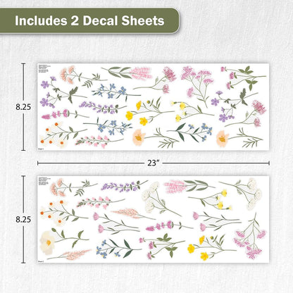 Pastel Wildflower Wall Decals - Set of 37 Peel & Stick Botanical Flower Stickers for Bedroom, Nursery & Living Room - Removable Yellow, Pink & Purple Floral Wall Decor