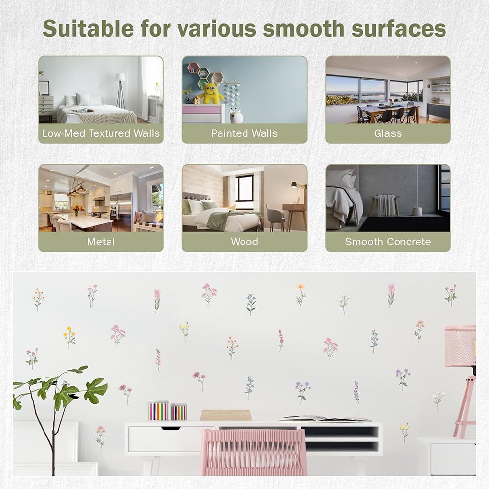 Pastel Wildflower Wall Decals - Set of 37 Peel & Stick Botanical Flower Stickers for Bedroom, Nursery & Living Room - Removable Yellow, Pink & Purple Floral Wall Decor