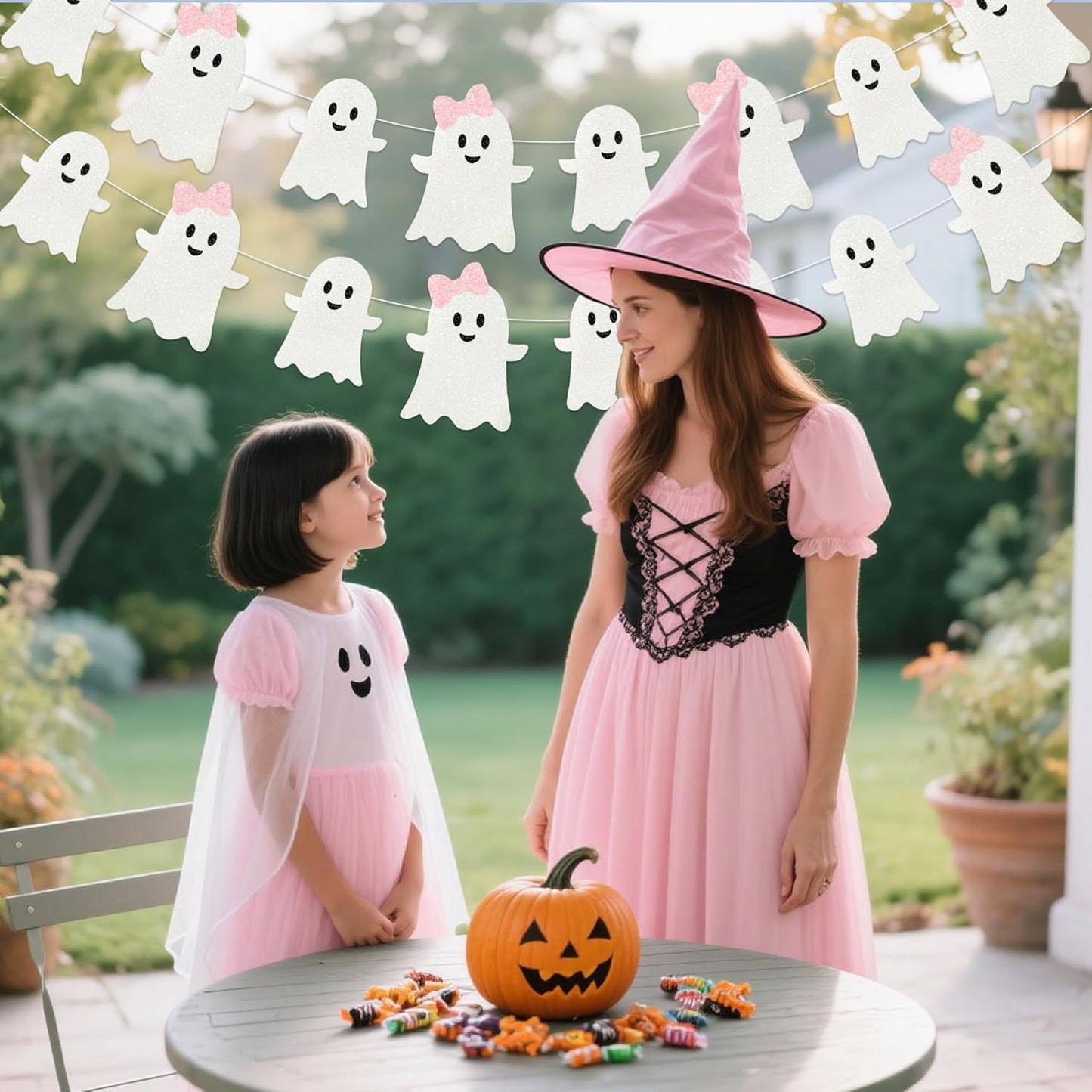 2 Pack Pink White Glitter Halloween Ghost Garland Banner