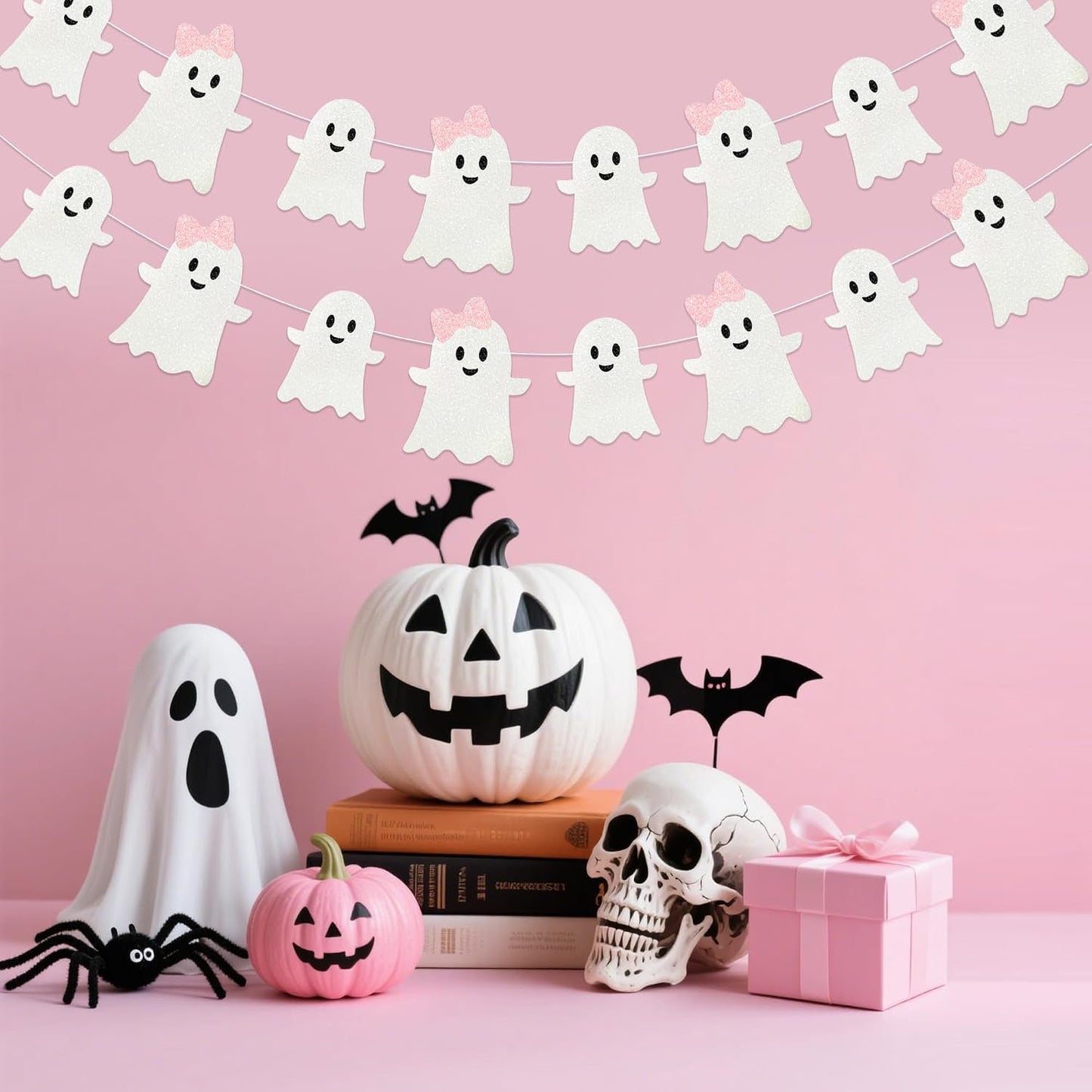 2 Pack Pink White Glitter Halloween Ghost Garland Banner