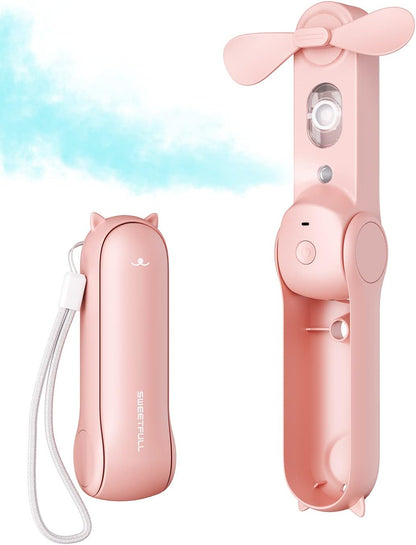 Misting Fan Portable, Handheld Personal Mister Fans, Small Fan Rechargeable, Mini Spray Water Mist, Kids Women Portable Fans For Travel, Outdoors, Hiking, Camping Home Office (Pink)
