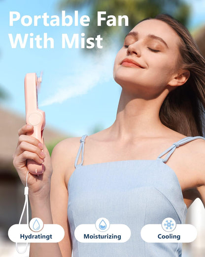 Misting Fan Portable, Handheld Personal Mister Fans, Small Fan Rechargeable, Mini Spray Water Mist, Kids Women Portable Fans For Travel, Outdoors, Hiking, Camping Home Office (Pink)
