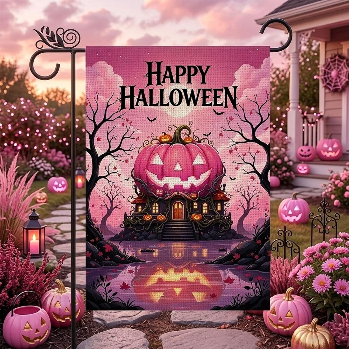 Pink Halloween Decor - Hello Halloween Pink Pumpkin Garden Flag Double Sided Outside Vertical Autumn Seasonal Holiday Welcome Yard Decor Lawn Outdoor 12×18 Inch