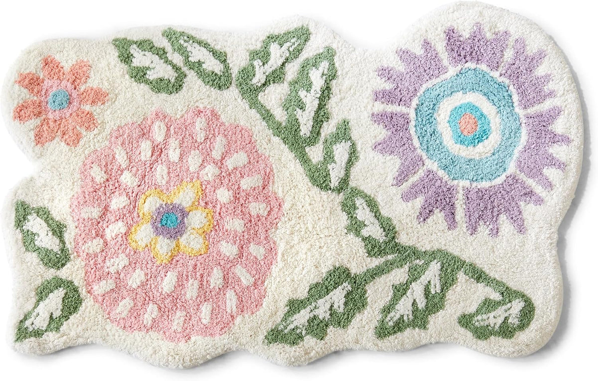 Floral Bath Rug, White Pink and Green Bathroom Mat, Cute Bathroom Decor for Tub and Shower, Cotton Tufted Absorbent Bath Mat, 20" x 32"