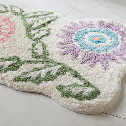 Floral Bath Rug, White Pink and Green Bathroom Mat, Cute Bathroom Decor for Tub and Shower, Cotton Tufted Absorbent Bath Mat, 20" x 32"