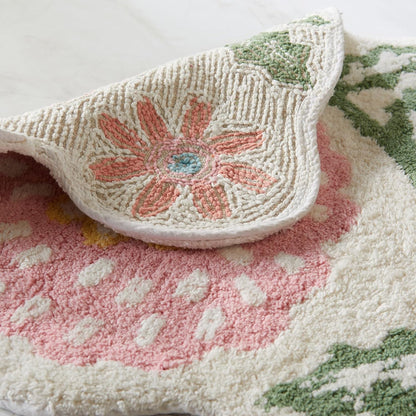 Floral Bath Rug, White Pink and Green Bathroom Mat, Cute Bathroom Decor for Tub and Shower, Cotton Tufted Absorbent Bath Mat, 20" x 32"