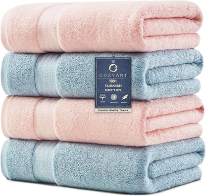Luxury Bath Towels 4 PCS, 650 GSM Turkish Cotton, Pink+Light Blue