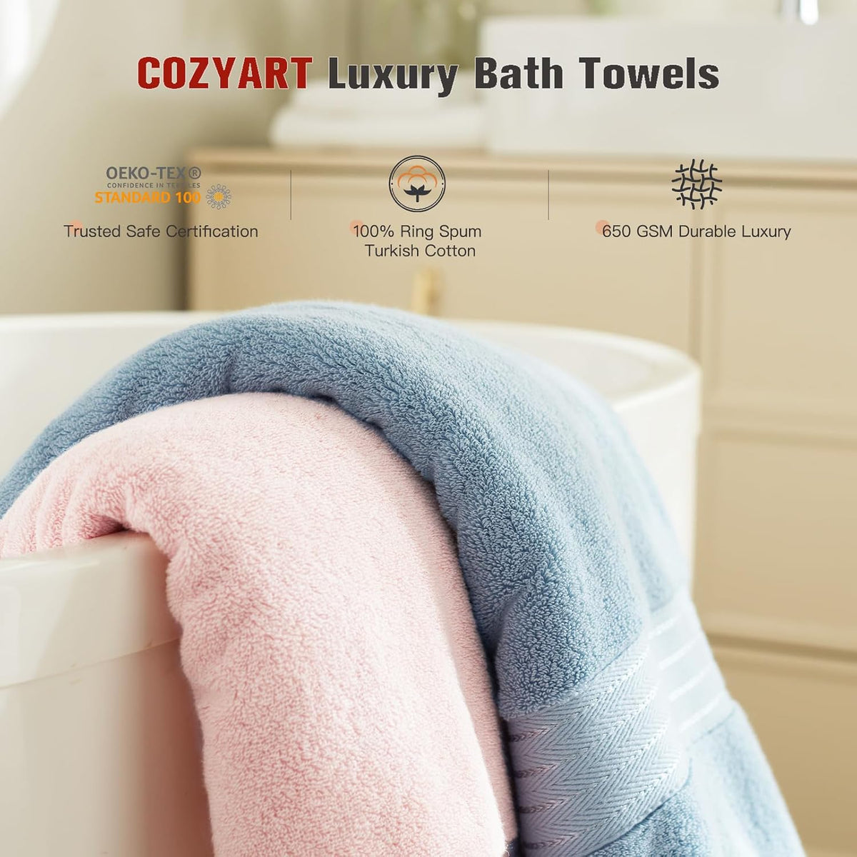 Luxury Bath Towels 4 PCS, 650 GSM Turkish Cotton, Pink+Light Blue