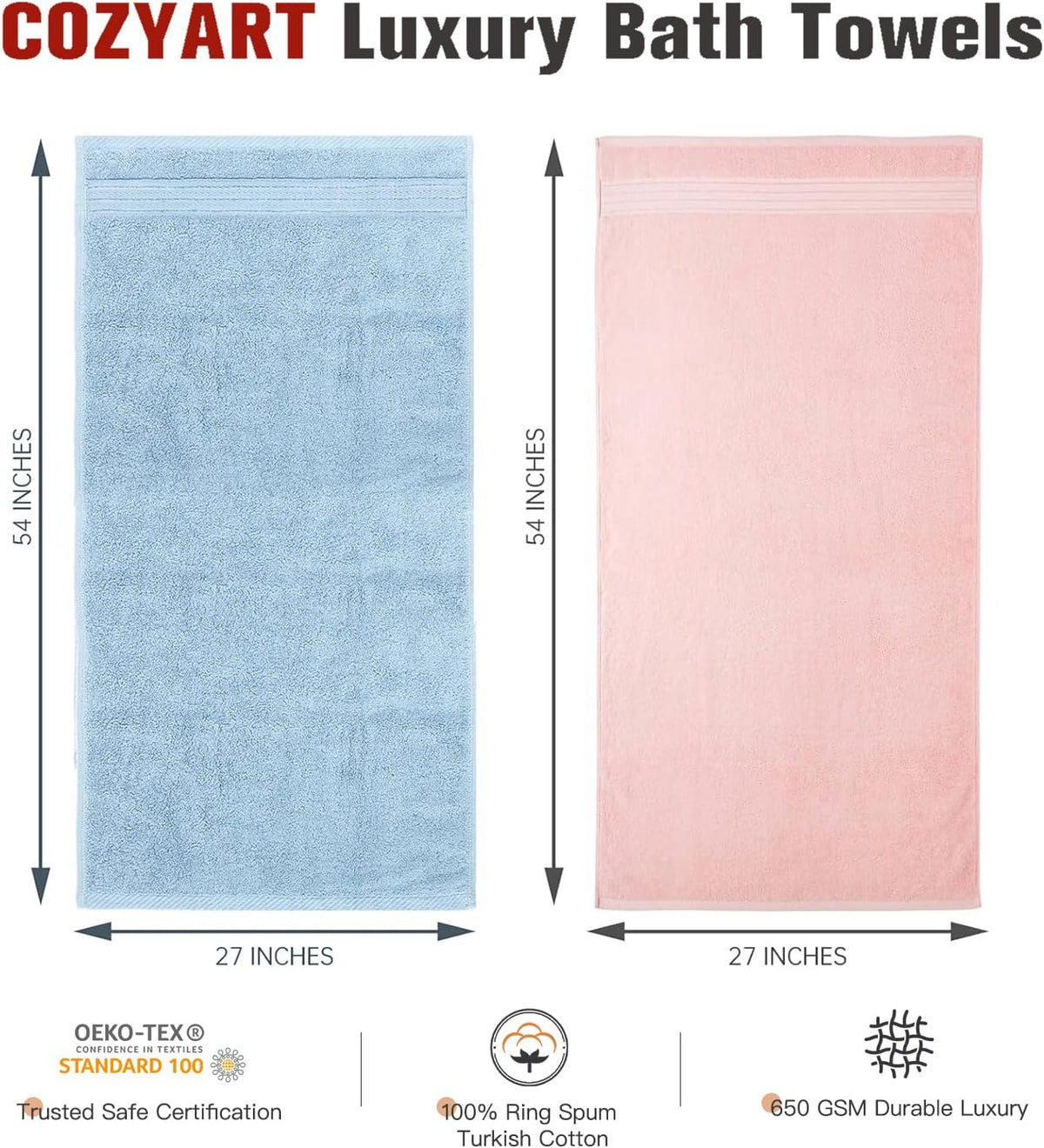Luxury Bath Towels 4 PCS, 650 GSM Turkish Cotton, Pink+Light Blue