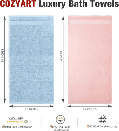 Luxury Bath Towels 4 PCS, 650 GSM Turkish Cotton, Pink+Light Blue
