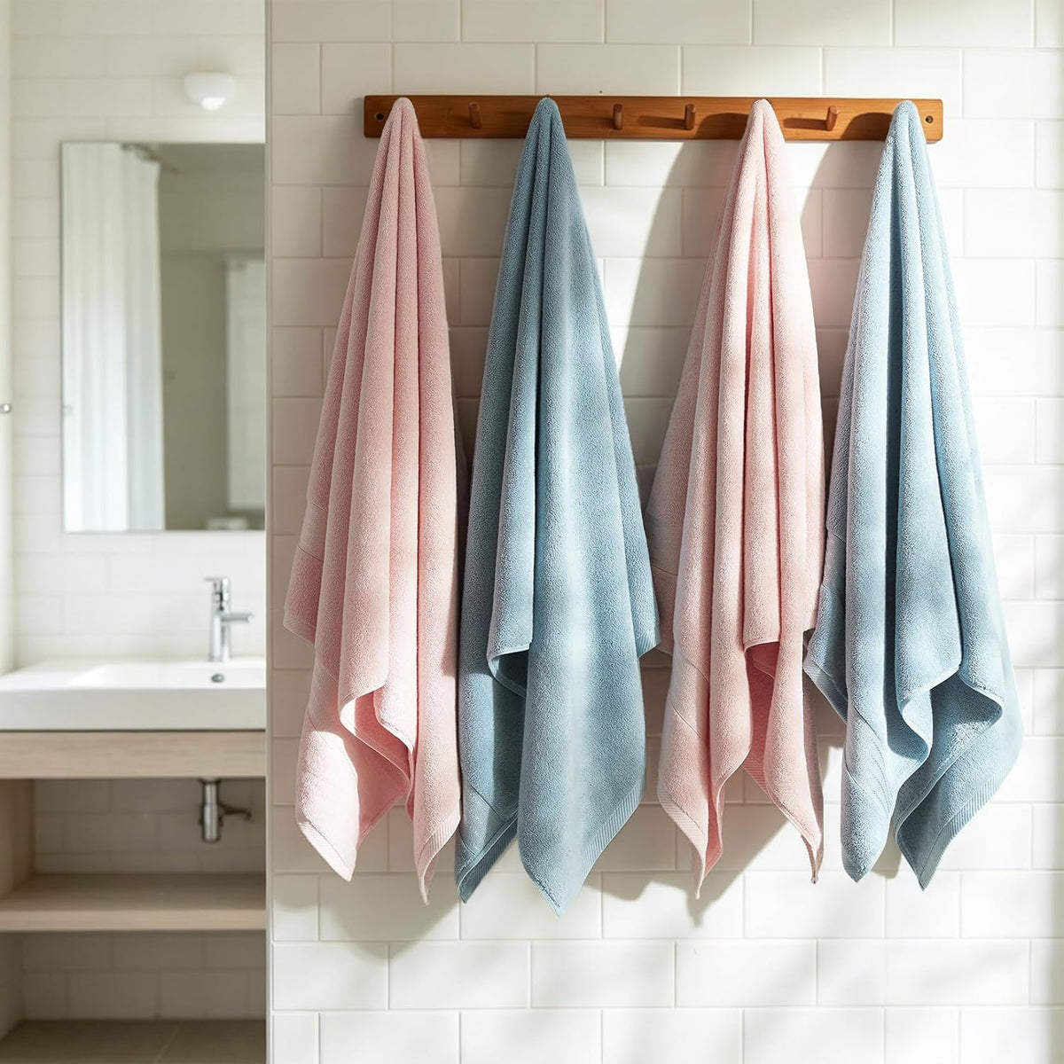 Luxury Bath Towels 4 PCS, 650 GSM Turkish Cotton, Pink+Light Blue