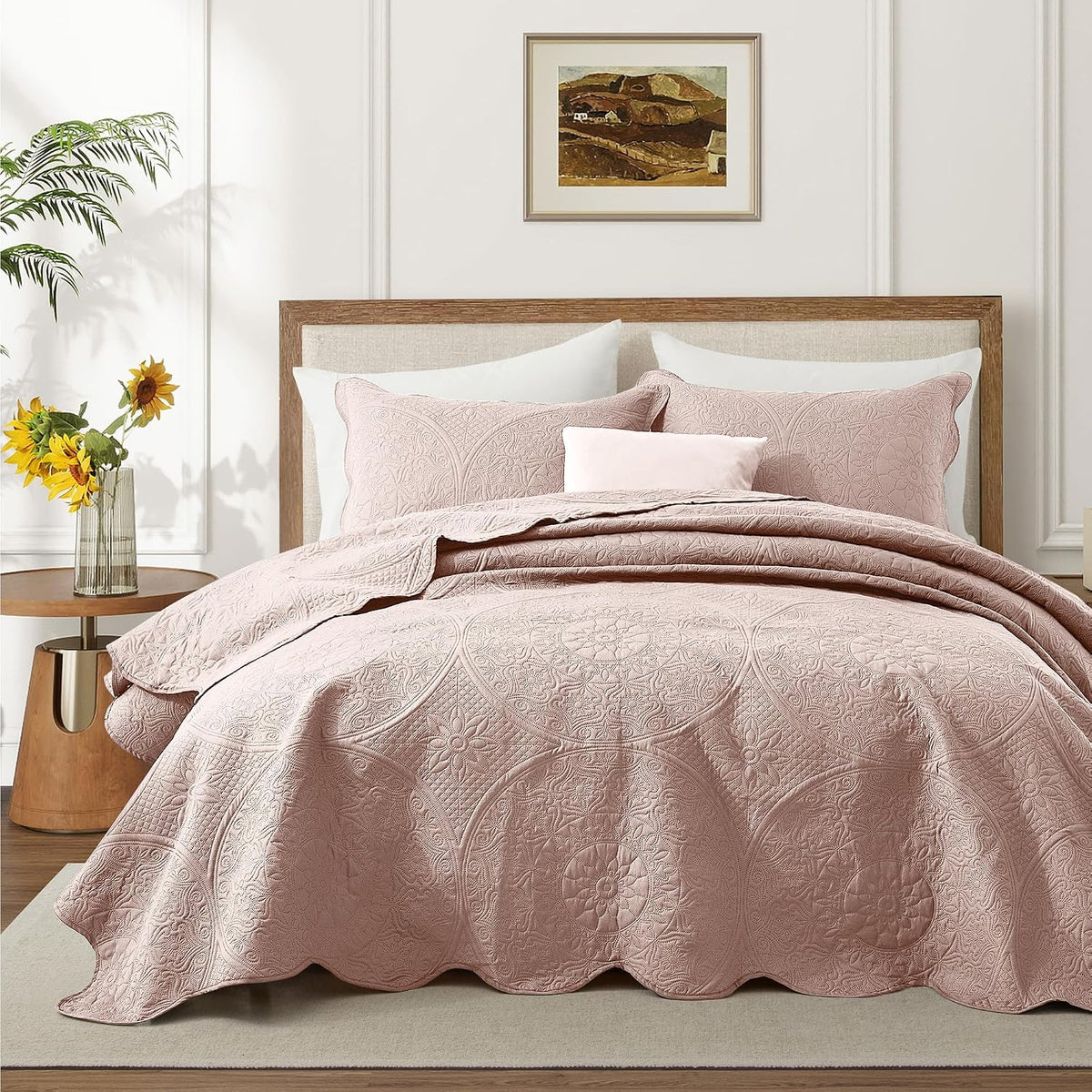 King Quilt Bedding Set Baby Pink Bedspread Coverlet
