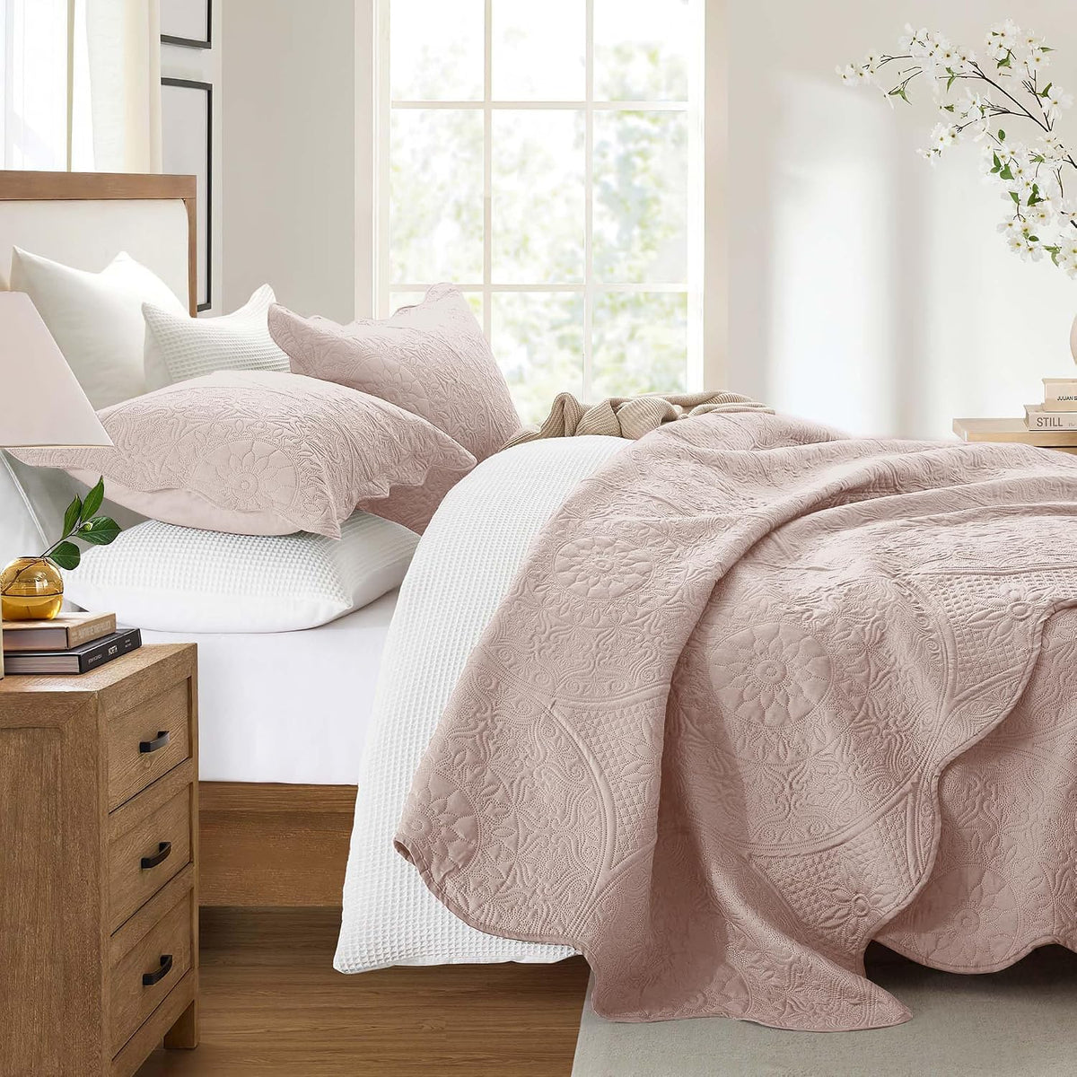King Quilt Bedding Set Baby Pink Bedspread Coverlet