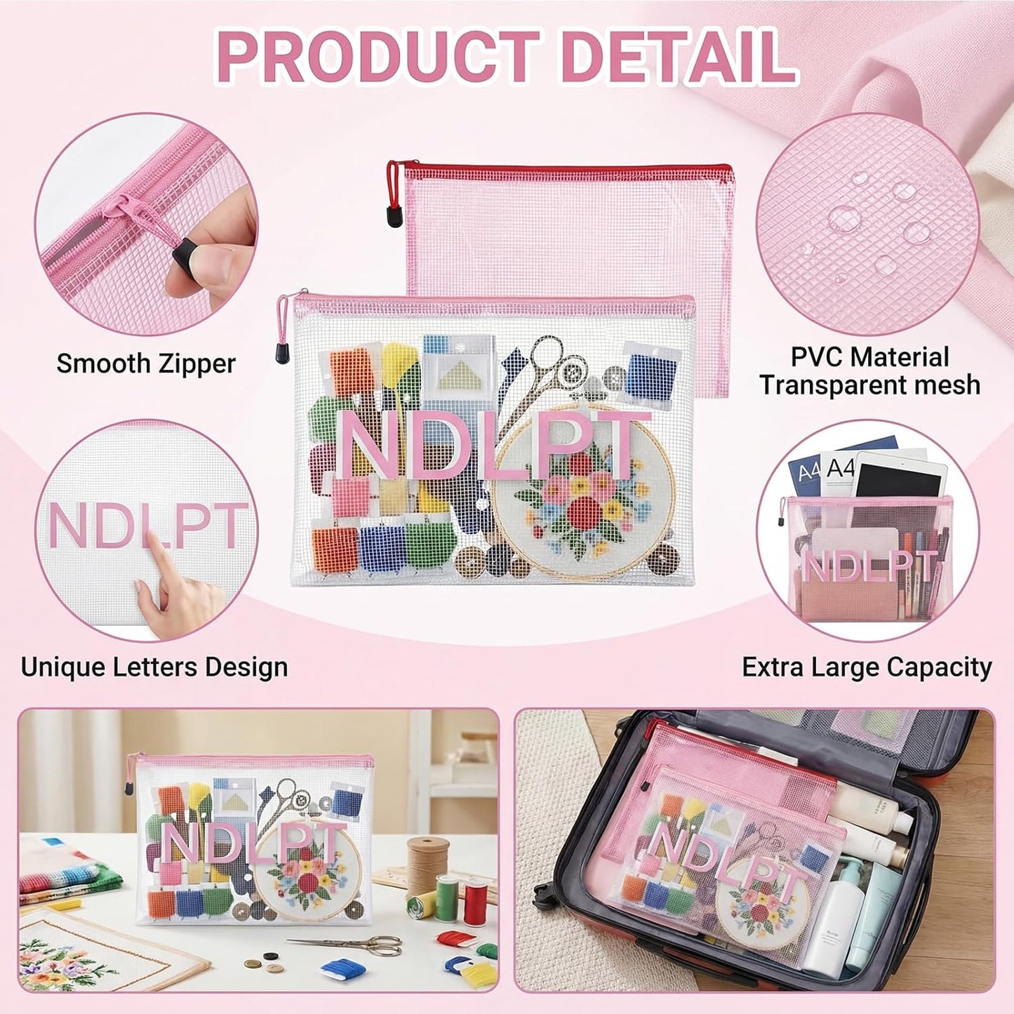 4 Pcs Needlepoint Project Bag Set NDLPT Clear Mesh Zipper Pouch Sewing Bags Organizer Storage for Embroidery Quilter Crafter Art Stitching Gift,13.6‘’x9.6‘’ + 11.6‘’x8.4‘’ (Pink)