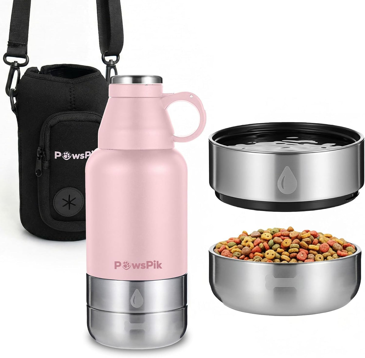 3-in-1 Travel Dog Water Bottle & Bowl Set, 32oz, Pink