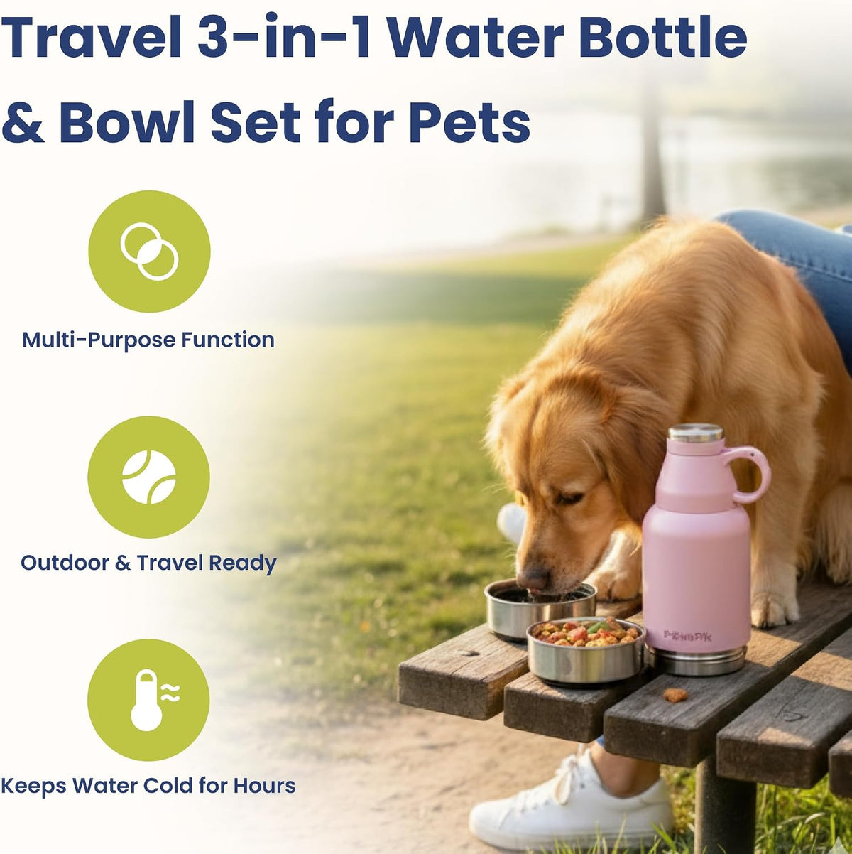 3-in-1 Travel Dog Water Bottle & Bowl Set, 32oz, Pink