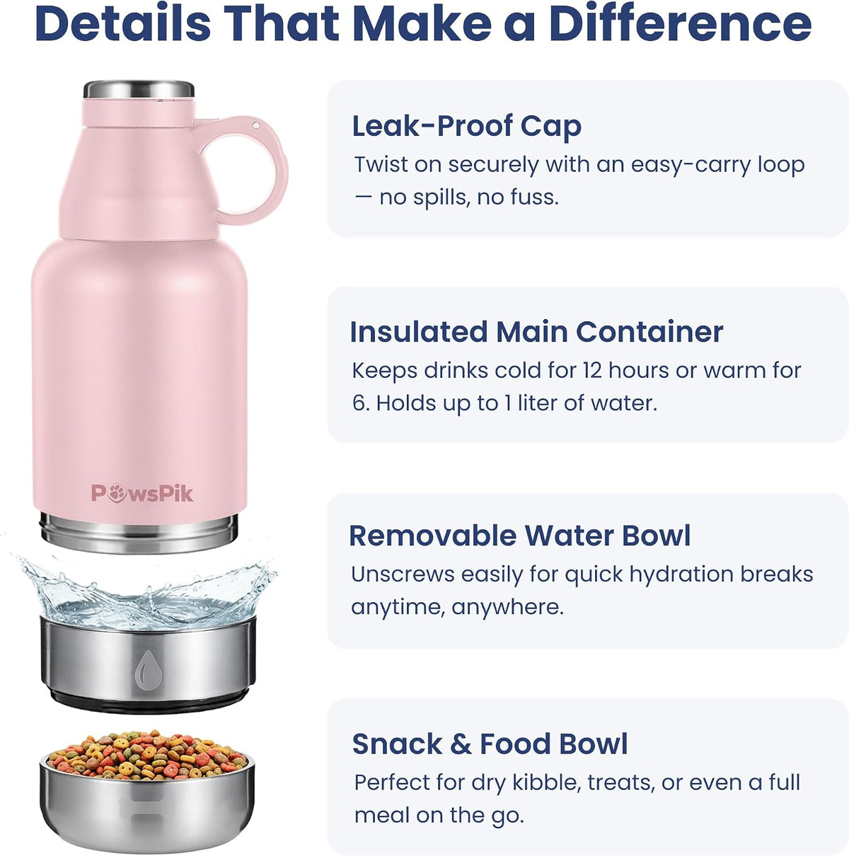 3-in-1 Travel Dog Water Bottle & Bowl Set, 32oz, Pink