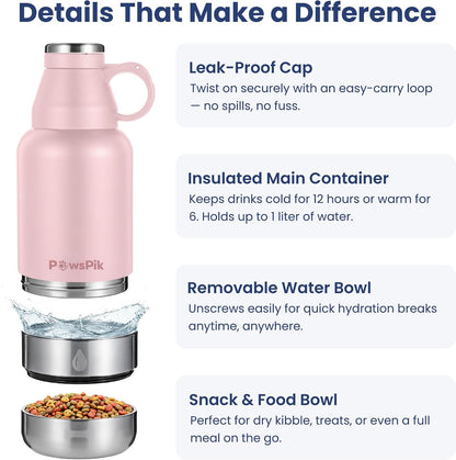 3-in-1 Travel Dog Water Bottle & Bowl Set, 32oz, Pink