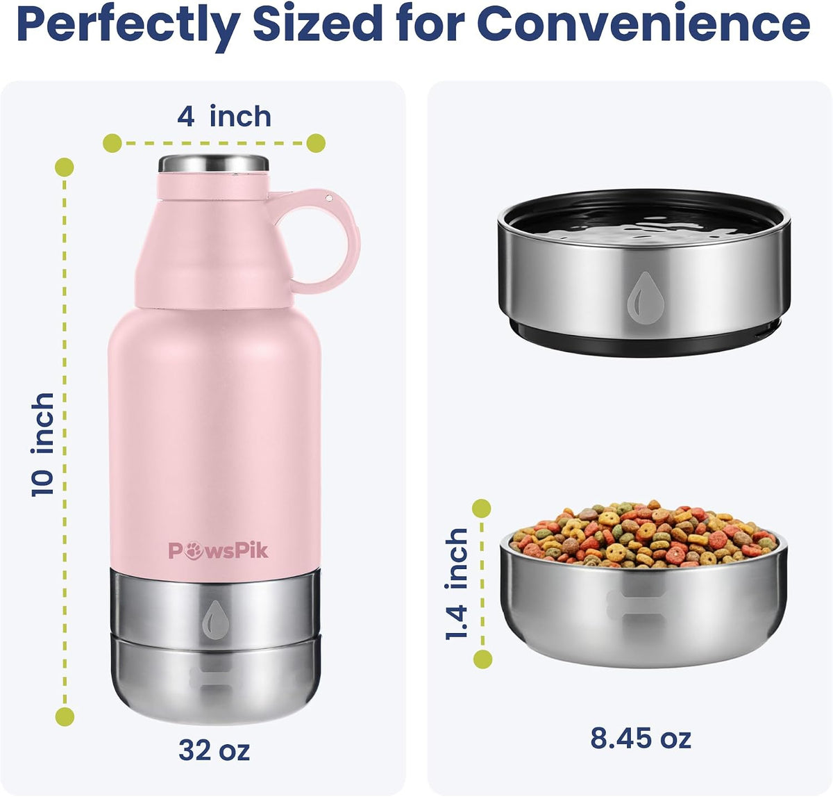 3-in-1 Travel Dog Water Bottle & Bowl Set, 32oz, Pink