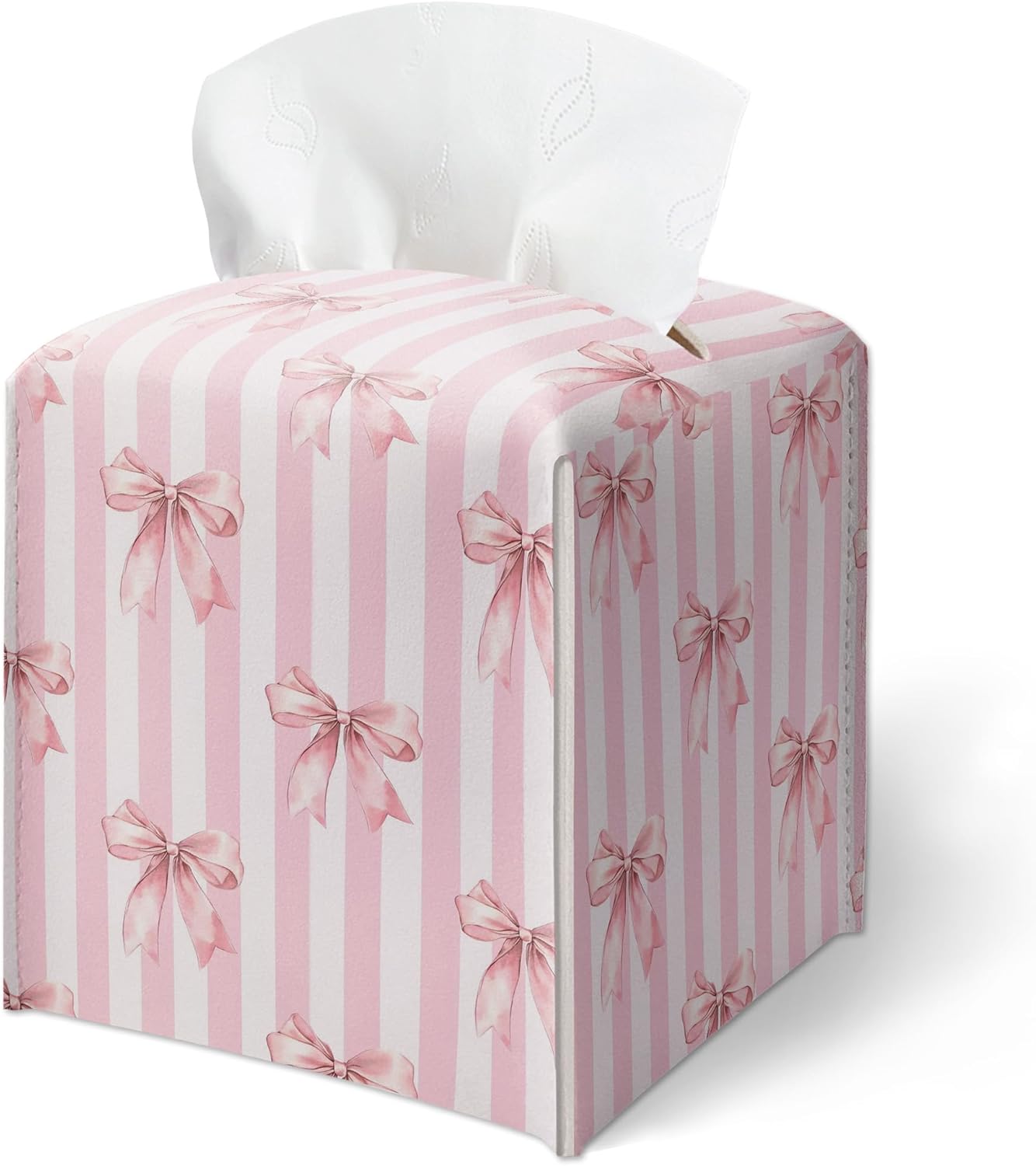Pink Bow Stripes Tissue Box Cover, Cute Preppy Leather Tissue Box-Waterproof, Aesthetic Home Decor for Desktop Living Room Vanity Office, Gift Idea for Women & Friend, 5 x 5 Inches-A14